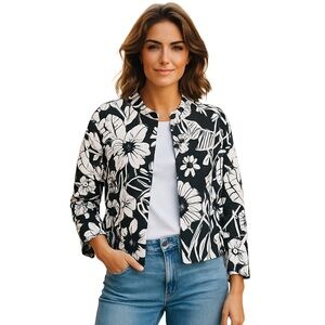Erin London Black White Floral Print Petite Blazer Jacket